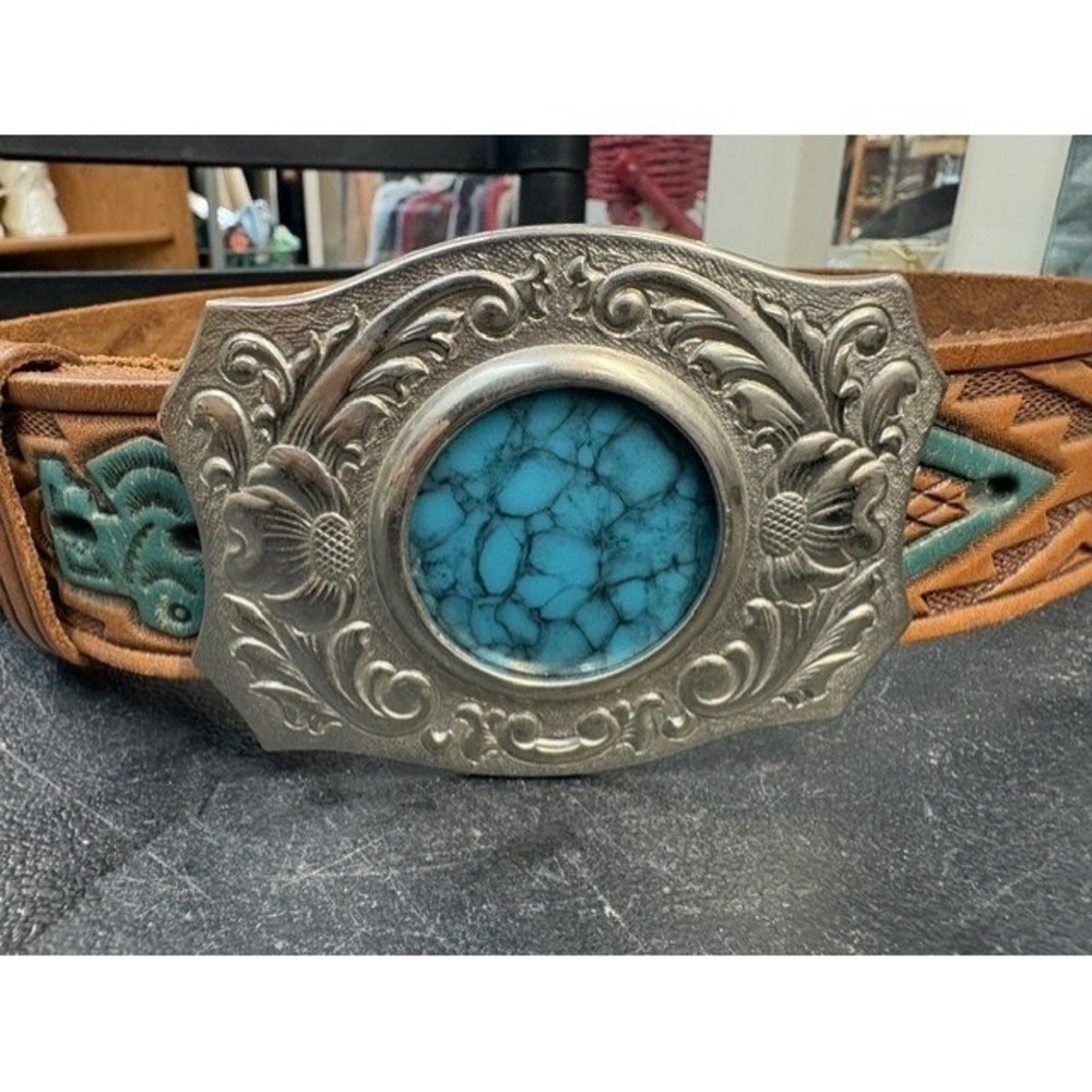 Chambers Belt Co Western Tooled Leather Belt Turquoise Buckle Hand Painted
